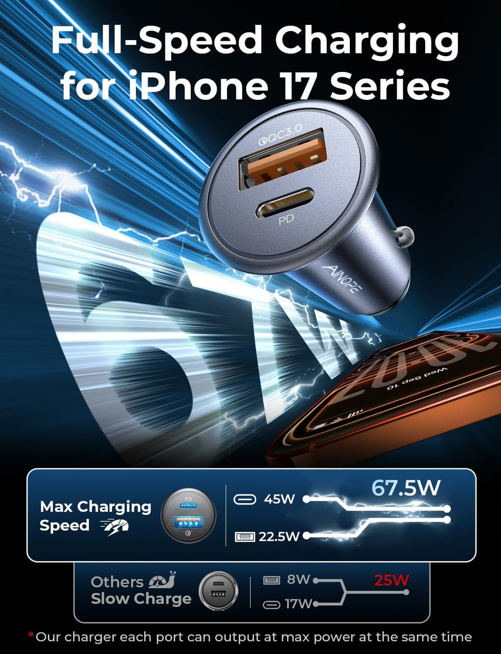 67.5W [Mini&Metal] Cigarette Lighter Adapter Car Charger USB C Fast Charging, PD&QC Cigarette Lighter USB Charger 12V Outlet Plug Socket for Iphone 17 16 15 14 Pro Max, Samsung S26 S25