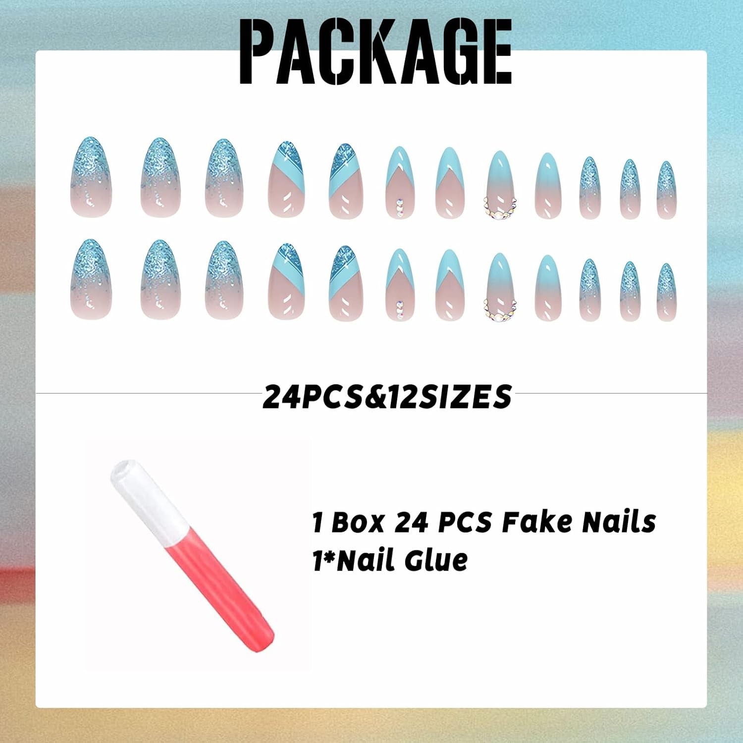 Almond Press on Nails French Medium Blue Fake Nails Glitter Gradient False Nails with Designs Rhinestone Full Cover Acrylic Glossy Glue on Nails for Women