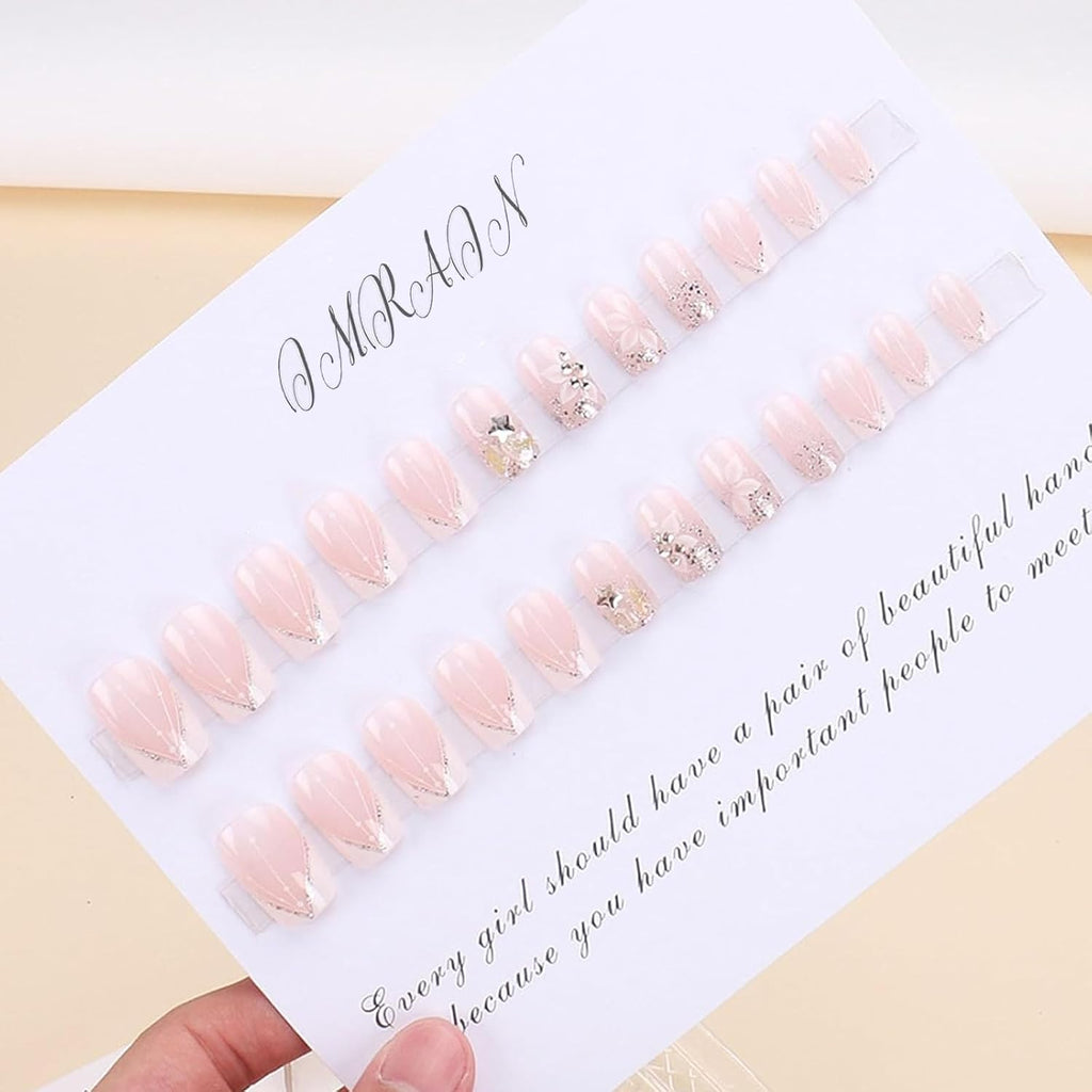 Press-On Nails: White French Tips, Glossy False Nails, Bling Glitter, Full Cover Flower Design, Gel Glue On, Acrylic Nails for Women & Girls