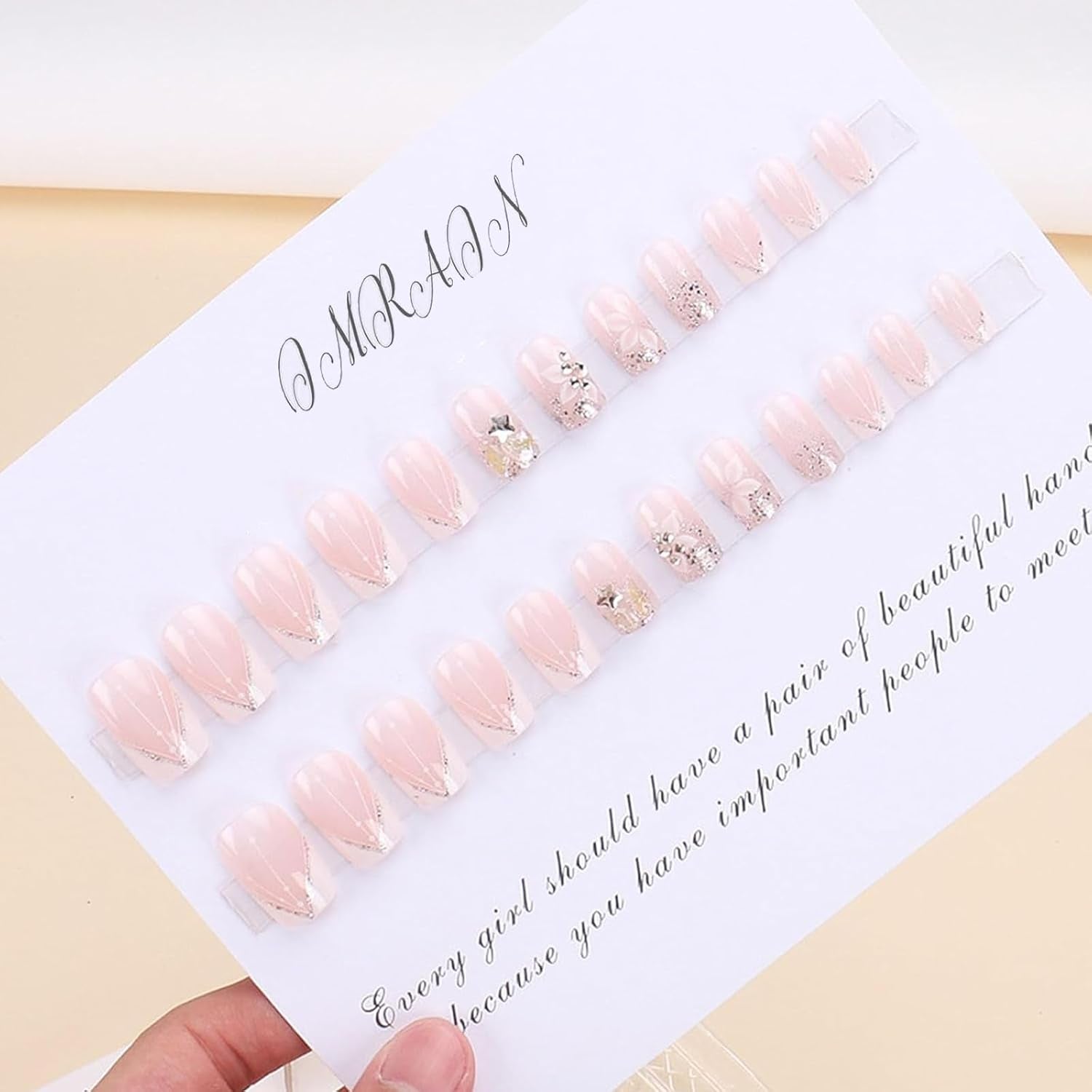 Press-On Nails: White French Tips, Glossy False Nails, Bling Glitter, Full Cover Flower Design, Gel Glue On, Acrylic Nails for Women & Girls