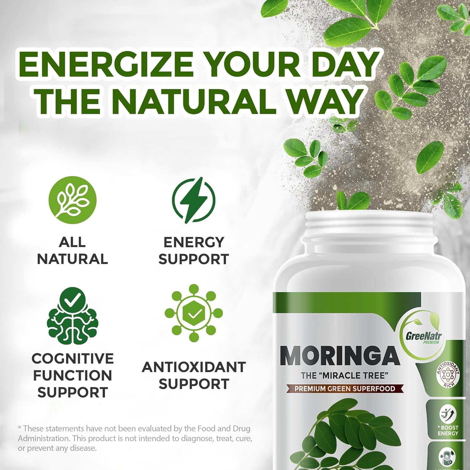 Pure Moringa Oleifera Leaf Extract Veggie Capsules 1000 Mg. Natural Herbal Supplement. Energy, Mood, Memory and Focus Support. Premium Green Superfood (3 Bottles)