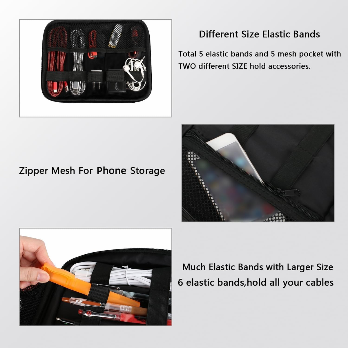 Electronics Organizer Travel Case, Water Resistant Cable Organizer Bag for Travel Essentials, Gifts for Men, Storage Bag for Camera Accessories, Phone, Cord & Tablet, Black