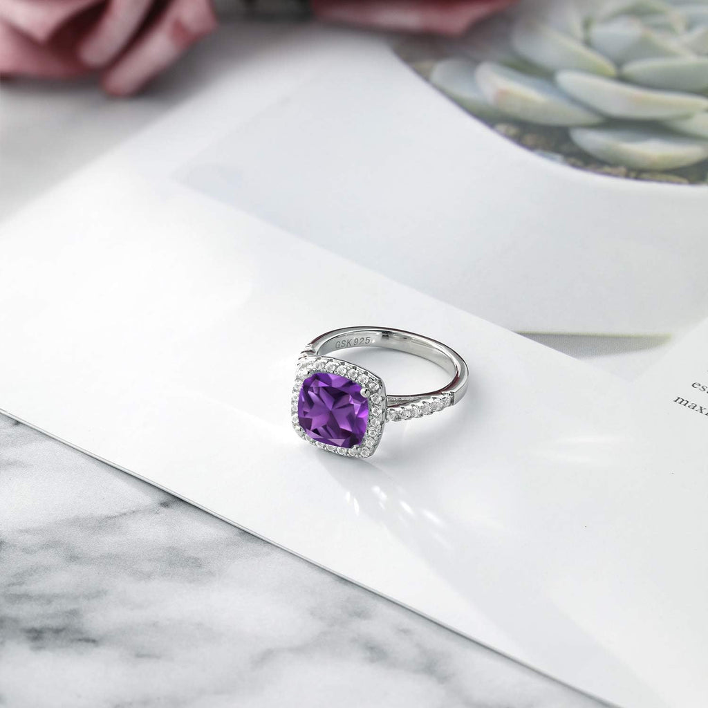 2-3 Cttw Gemstone Birthstone and White Moissanite Halo Solitaire Engagement Ring for Women | 925 Sterling Silver | Cushion Cut 8MM | Wedding Anniversary Promise | Size 5-9