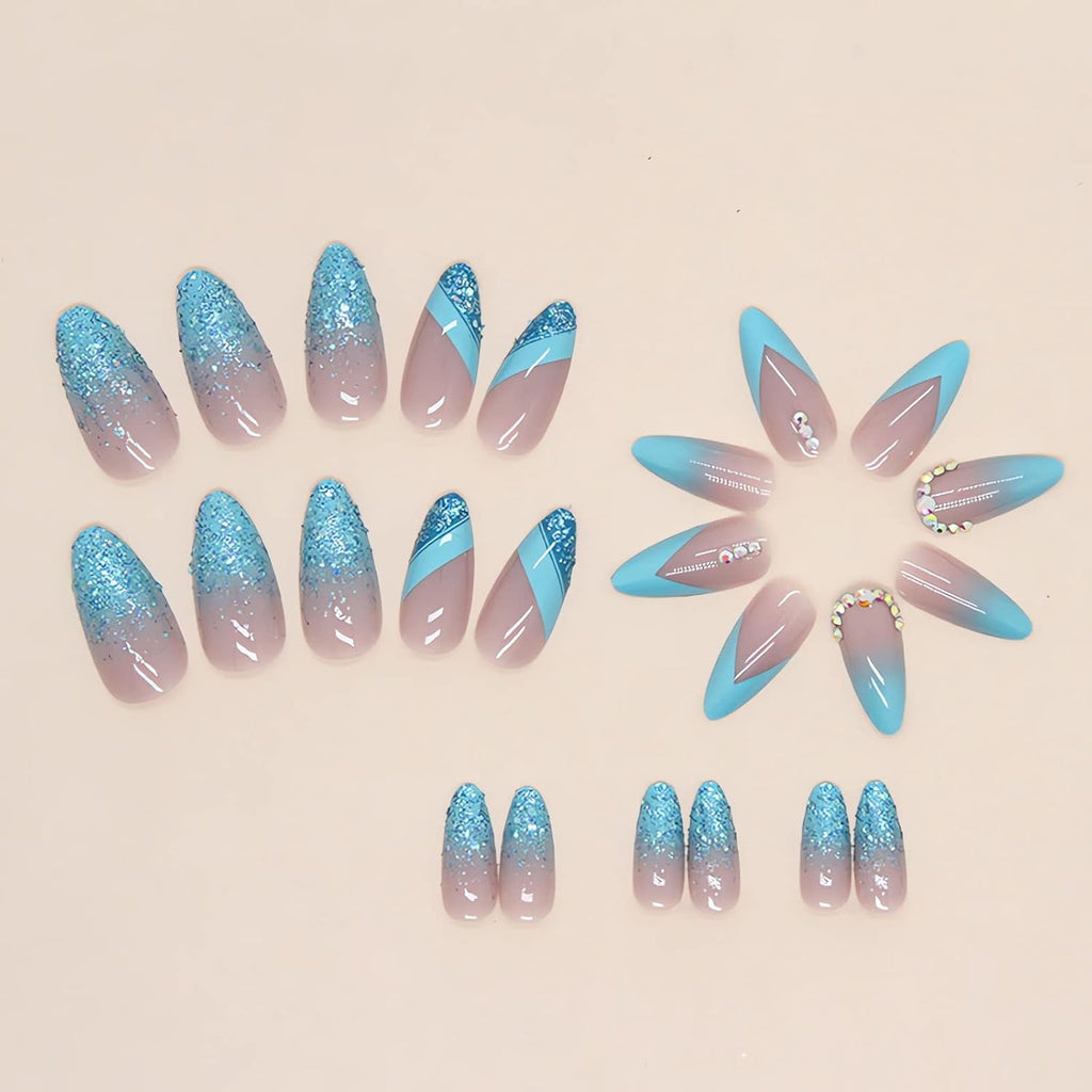 Almond Press on Nails French Medium Blue Fake Nails Glitter Gradient False Nails with Designs Rhinestone Full Cover Acrylic Glossy Glue on Nails for Women