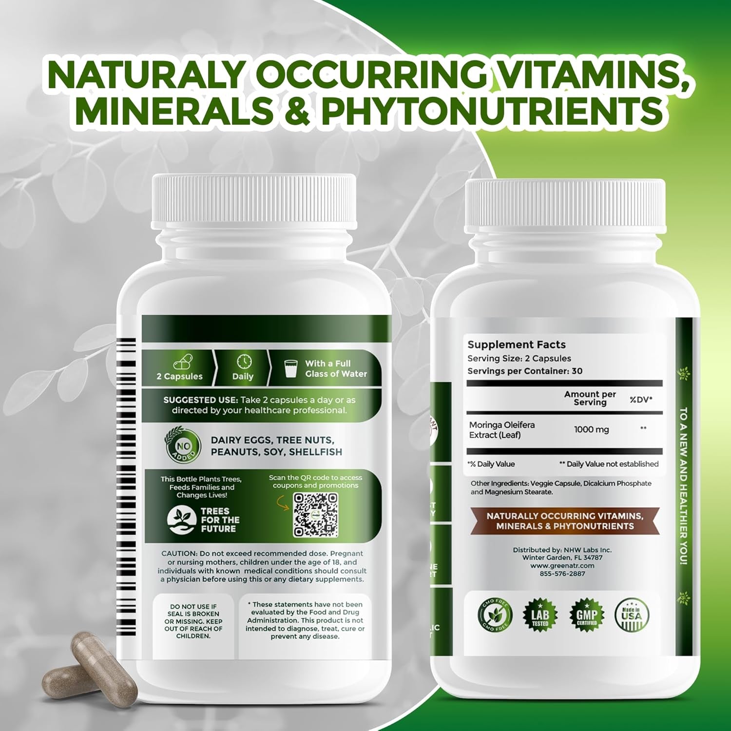 Pure Moringa Oleifera Leaf Extract Veggie Capsules 1000 Mg. Natural Herbal Supplement. Energy, Mood, Memory and Focus Support. Premium Green Superfood (3 Bottles)