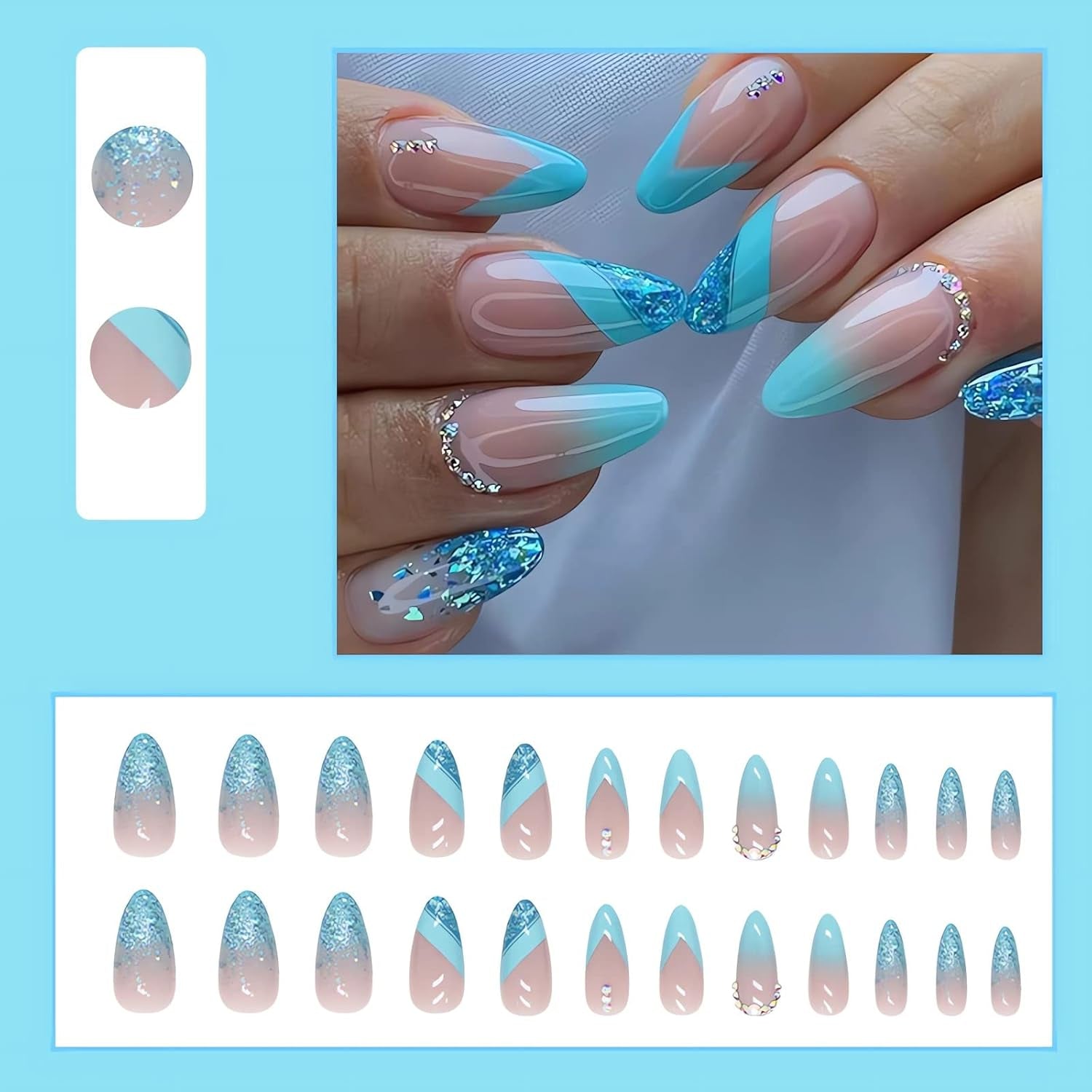Almond Press on Nails French Medium Blue Fake Nails Glitter Gradient False Nails with Designs Rhinestone Full Cover Acrylic Glossy Glue on Nails for Women