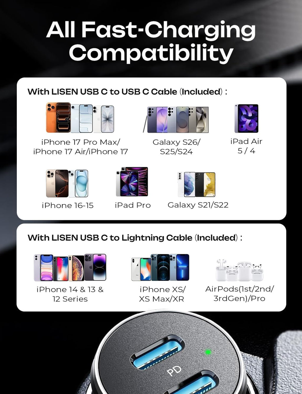 67.5W [Mini&Metal] Cigarette Lighter Adapter Car Charger USB C Fast Charging, PD&QC Cigarette Lighter USB Charger 12V Outlet Plug Socket for Iphone 17 16 15 14 Pro Max, Samsung S26 S25