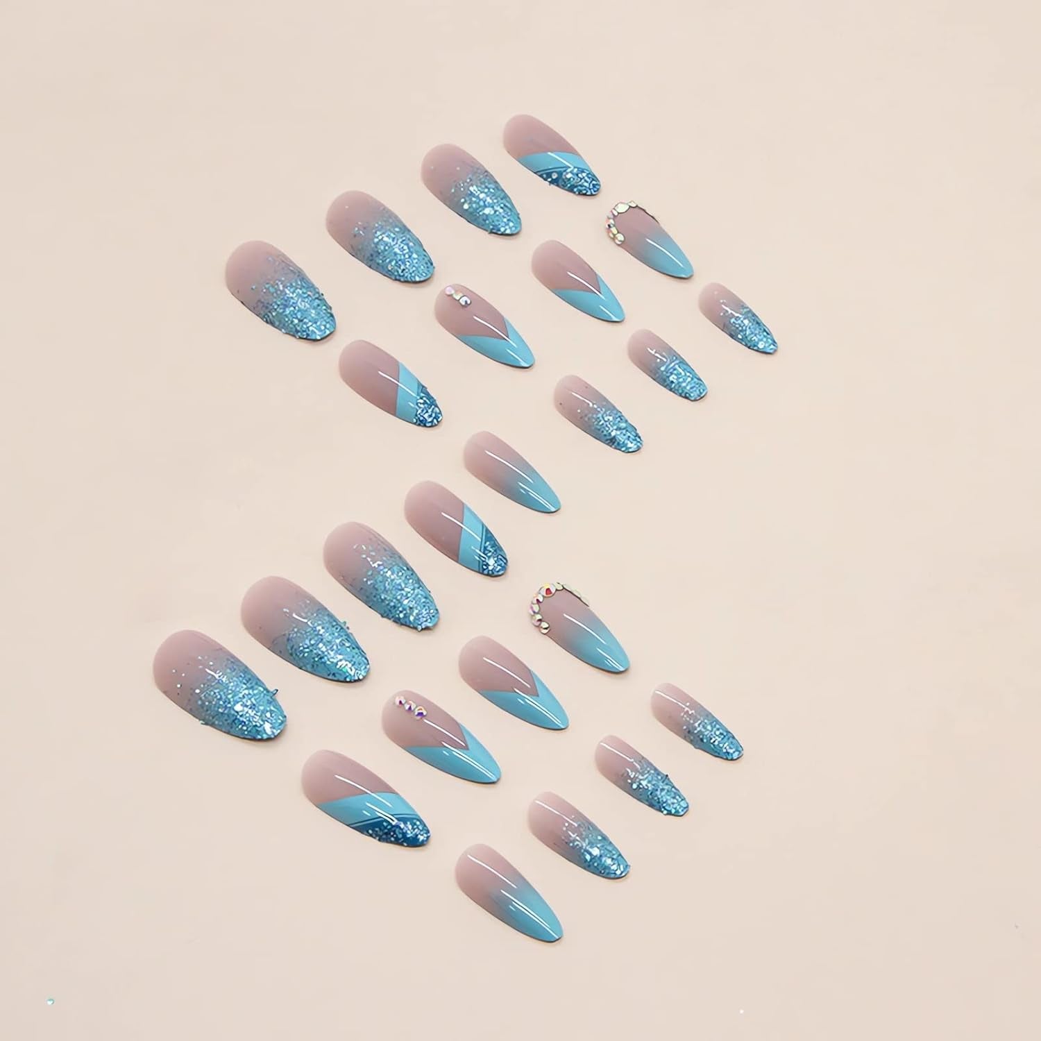 Almond Press on Nails French Medium Blue Fake Nails Glitter Gradient False Nails with Designs Rhinestone Full Cover Acrylic Glossy Glue on Nails for Women