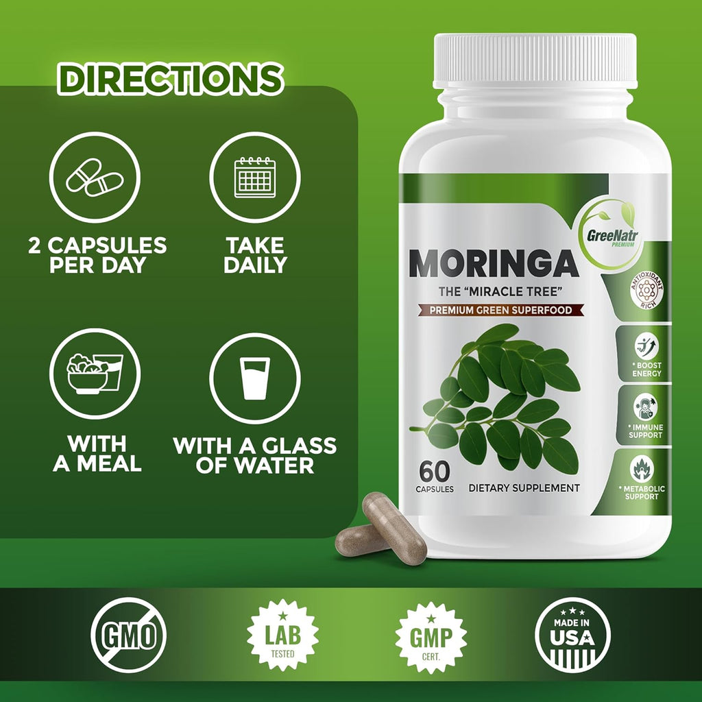 Pure Moringa Oleifera Leaf Extract Veggie Capsules 1000 Mg. Natural Herbal Supplement. Energy, Mood, Memory and Focus Support. Premium Green Superfood (3 Bottles)