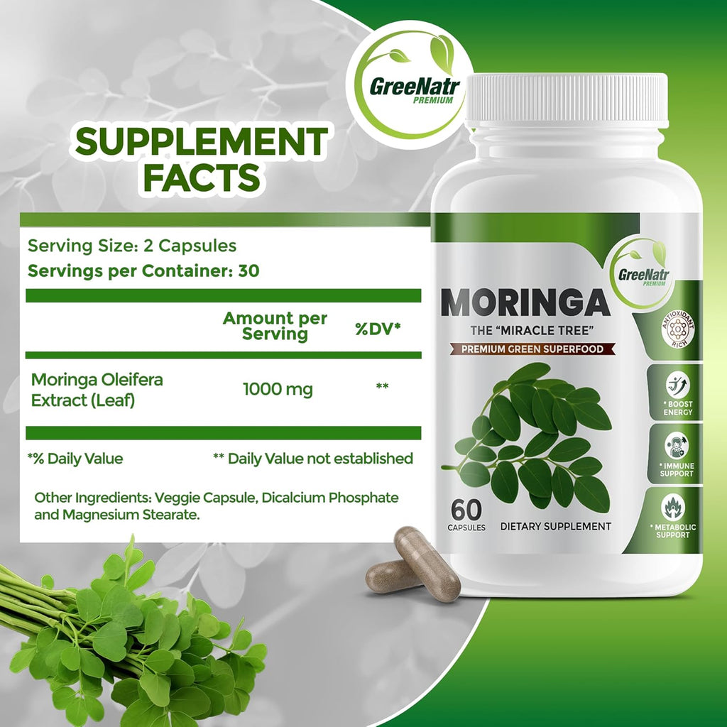 Pure Moringa Oleifera Leaf Extract Veggie Capsules 1000 Mg. Natural Herbal Supplement. Energy, Mood, Memory and Focus Support. Premium Green Superfood (3 Bottles)