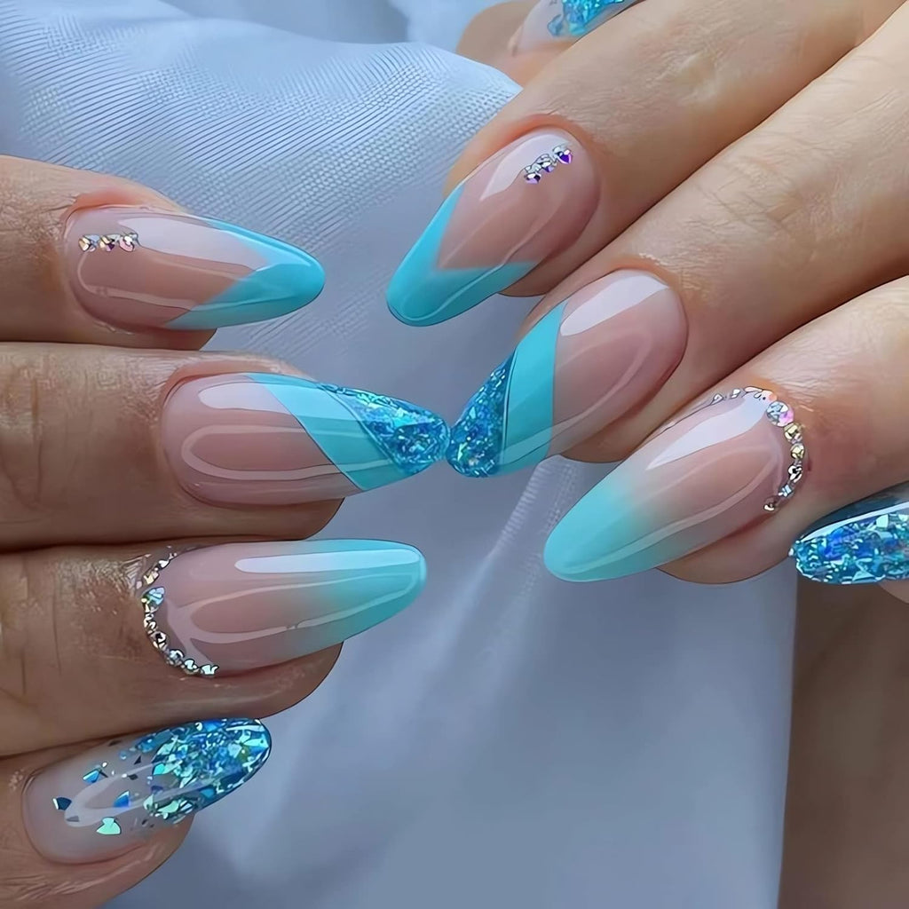 Almond Press on Nails French Medium Blue Fake Nails Glitter Gradient False Nails with Designs Rhinestone Full Cover Acrylic Glossy Glue on Nails for Women