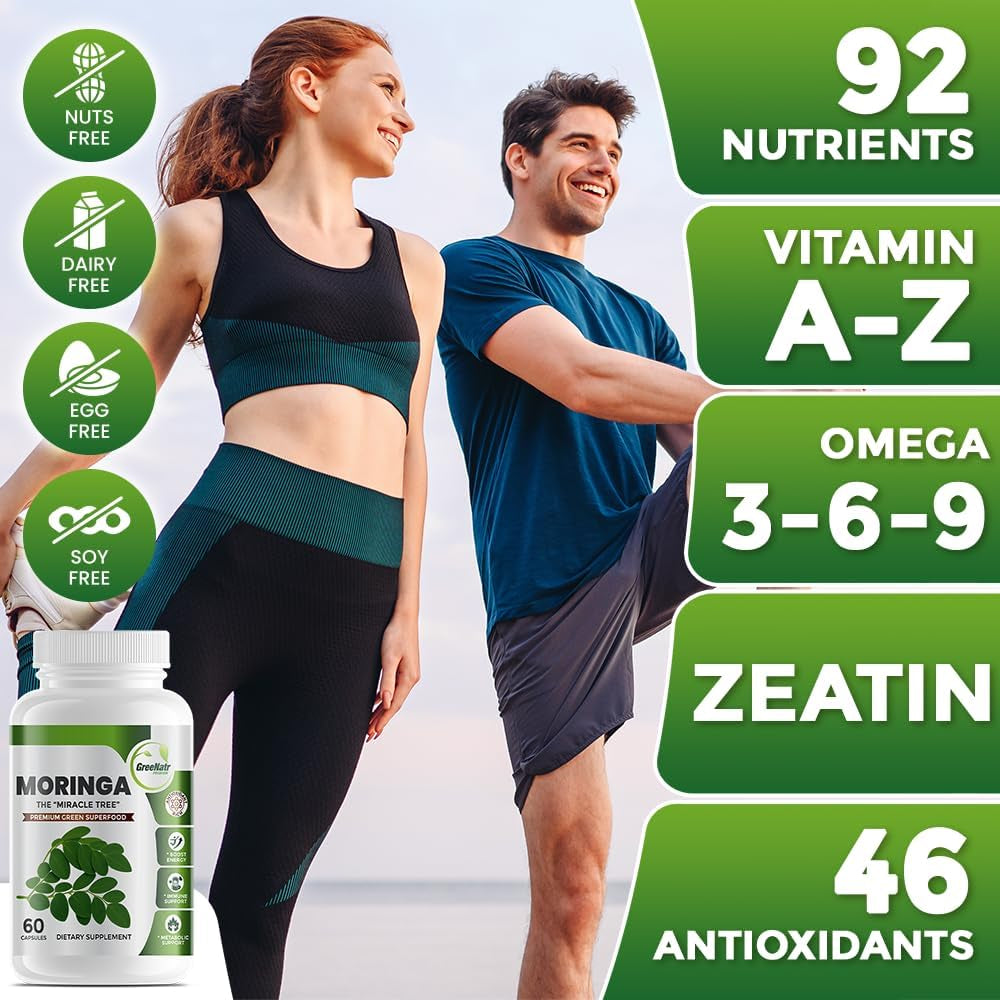 Pure Moringa Oleifera Leaf Extract Veggie Capsules 1000 Mg. Natural Herbal Supplement. Energy, Mood, Memory and Focus Support. Premium Green Superfood (3 Bottles)