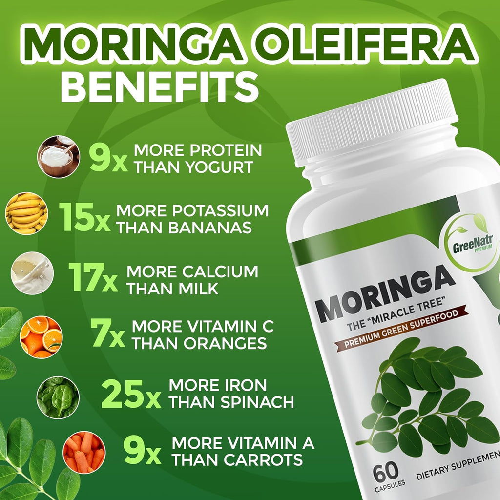 Pure Moringa Oleifera Leaf Extract Veggie Capsules 1000 Mg. Natural Herbal Supplement. Energy, Mood, Memory and Focus Support. Premium Green Superfood (3 Bottles)