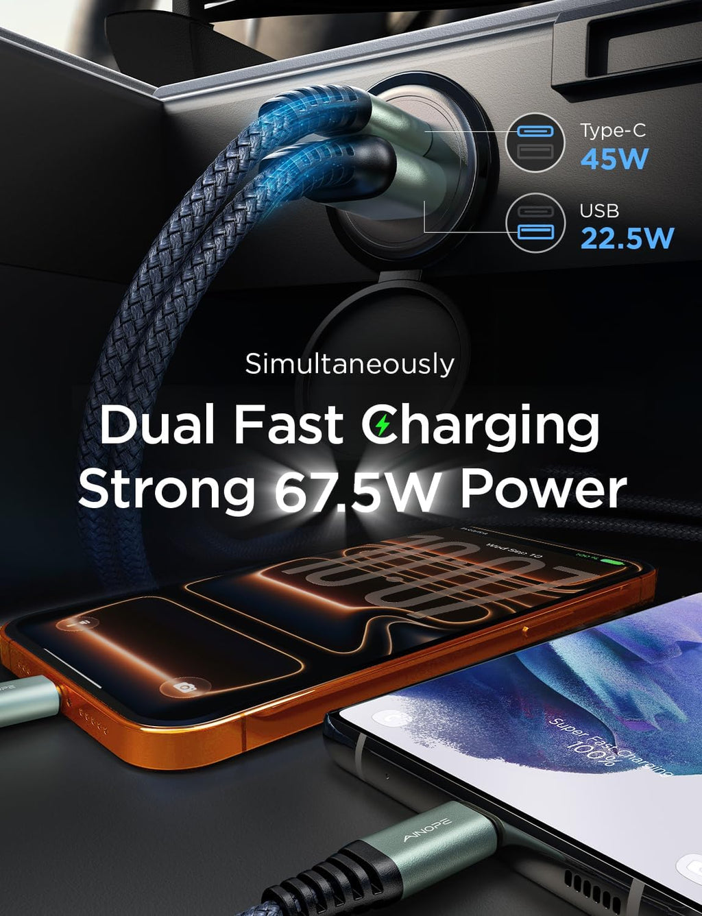 67.5W [Mini&Metal] Cigarette Lighter Adapter Car Charger USB C Fast Charging, PD&QC Cigarette Lighter USB Charger 12V Outlet Plug Socket for Iphone 17 16 15 14 Pro Max, Samsung S26 S25