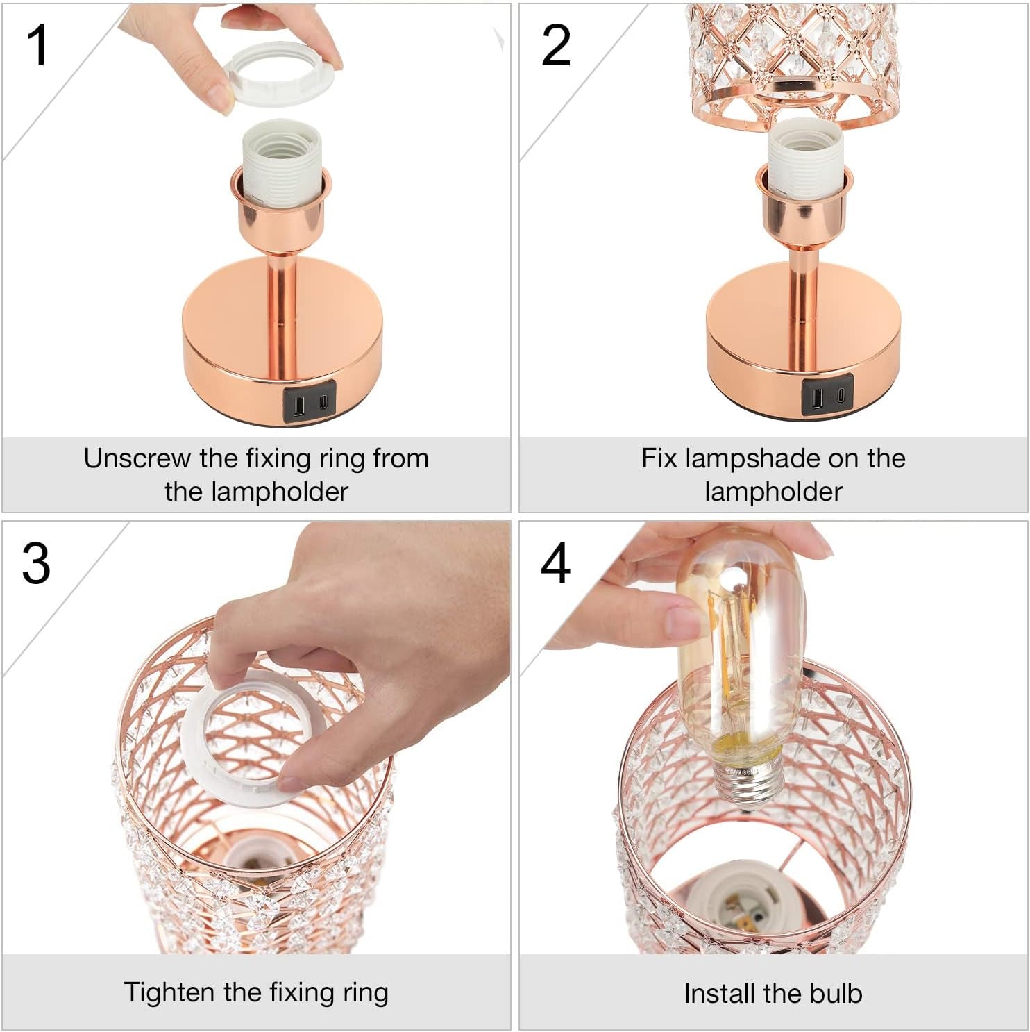 Crystal Table Lamp - 3-Way Dimmable Touch Control, Rose Gold Bedside Lamp with USB C and a Ports, Nightstand Light for Living Room, Bedroom, Home Office (Bulb Included)